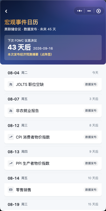 宏观事件日历：FOMC 议息会议倒计时与未来 45 天数据发布安排